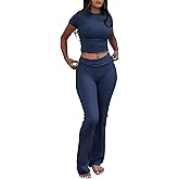 YETOWA Women's 2 Piece Lounge Outfits Slim Short Sleeve Tops Low Rise Flare Leggings Sets Yoga Sweatsuit