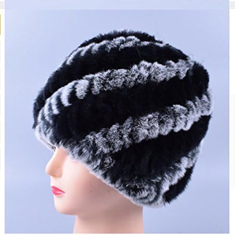 New Design Genuine Rex Fur Pom poms Snow Cap Winter Hats for Girls Skull Cap Real Fur Knitting Rabbit Skullies Beanies Women Hats (Black Grey)