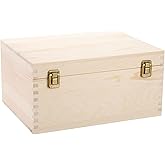 Extral Large Unfinished Wooden Box, 13" x 10" x 6.5" Natural Pine Wood Box with Hinged Lid and Front Clasp for DIY Crafts, Ho