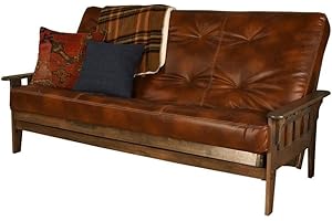 KODIAK FURNITURE Kodiak Tucson Queen Futon Frame and Mattress Set - Wood Futon Set with Mattress Included in Saddle Brown Color Faux Leather Mattress