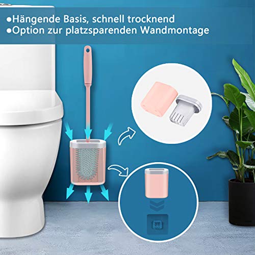 cshare Toilettenbürste, WC Bürste und Behälter,Klobürste Silikon mit Schnell Trocken Behälter und Griff,Wandmontage & Stehen Silikon Toilettenbürste Set für Badezimmer oder Gäste-WC(Rosa)