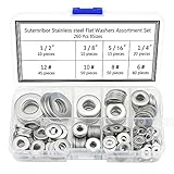 Sutemribor 260Pcs 8 Sizes Stainless Steel Flat Washers, 1/2 3/8 5/16 1/4 12# 10# 8# 6# Hardware Gasket Assortment Kit