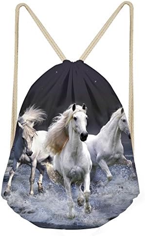 White Running Horses Animal Design Drawstring Backpack Bag Gym Sports String Bags