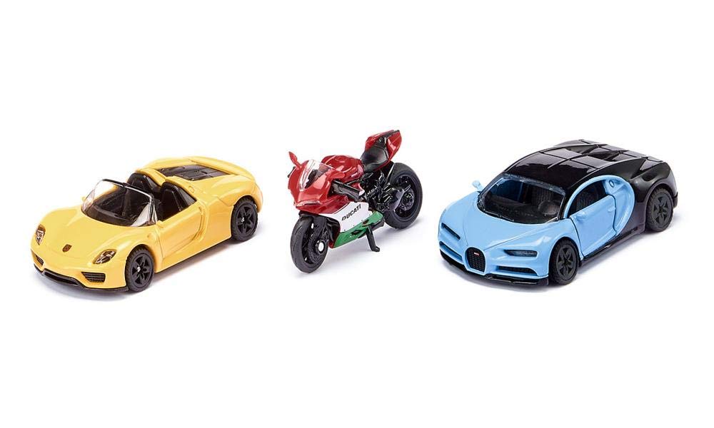 siku 6313, Sports Car and Motorbike, Metal,Plastic, Yellow,Red,Blue, Can be combined with siku toy models of the same scale