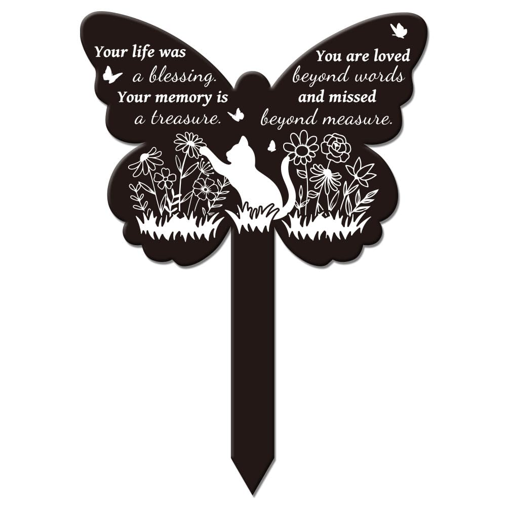 GLOBLELAND Butterfly Shaped Wild Cat Garden Memorial Remembrance Plaque Stake for Cemetery - Acrylic Waterproof Sympathy Marker for Yard and Grave