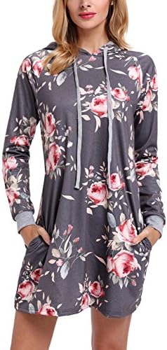 Ninkisann Women Long Sleeve Pullover Flower Casual Loose Hoodies Sweatshirts Tunic Mini Shirt Dress