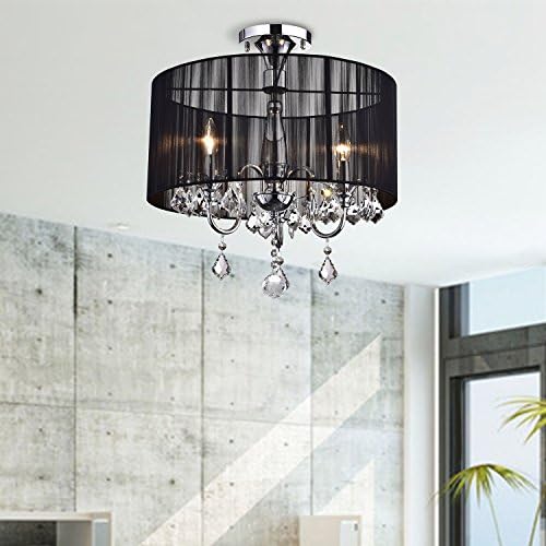Drum Crystal Chandelier Lighting 3 Light Semi Flush Mount Crystal Lamp Living Room Foyer Entry Round Ceiling Light Fixture W18.5 X H20 inches Black and Chrome Color