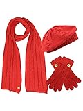Luxury Divas Red Cable Knit Beret Hat Scarf & Glove Set