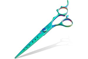 Fenice Totem Dog Grooming Scissors: 7" Straight Pet Shears Skeletonized blade Made Of Japanese 440C for Trimming Dogs Cats and Other Pets Green