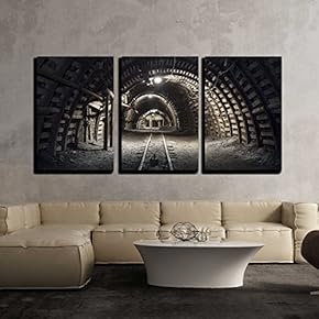 3 Piece Canvas Wall Art - Illuminated, Underground Tunnel in The Minery - Modern Home Art Stretched and Framed Ready to Hang - 16"x24"x3 Panels
