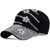 LUCKYBUNNY Women Bling Baseball Cap with Flower, Vintage Adjustable Low-Profile Dad Hat Sport Strapback Caps for Ladies
