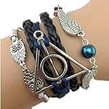 O.T.J. Handmade Harry Potter Silver Triangle Owls/Snitch Deathly Hallows Bracelet-Black Leather Braid/Rope(Black+Blue)