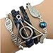 O.T.J. Handmade Harry Potter Silver Triangle Owls/Snitch Deathly Hallows Bracelet-Black Leather Braid/Rope(Black+Blue)