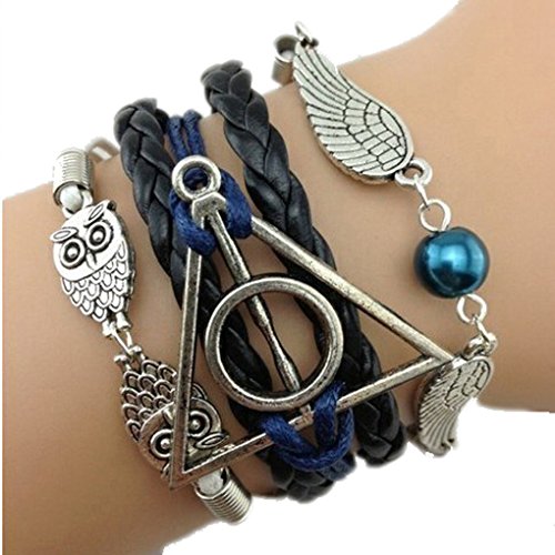 O.T.J. Handmade Harry Potter Silver Triangle Owls/Snitch Deathly Hallows Bracelet-Black Leather Braid/Rope(Black+Blue)