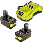 2Pack 4000mAh Battery Charger P108 Replacement for Ryobi 12V-18V ONE+ Lithium, NI-CD & NI-MH Battery and P117 Charger Combo CompatibleP102 P103 P104 P105 P107 P109 Cordless Tool