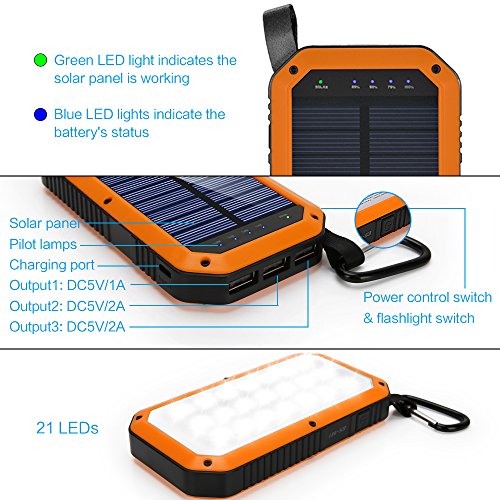 Solar Charger, Dostyle 8000mAh Portable Solar Power Bank External Backup Battery Pack 3 USB Ports Solar Phone charger with 21 LED light for iPhone, iPad, Samsung Galaxy & other Android Smart Devices