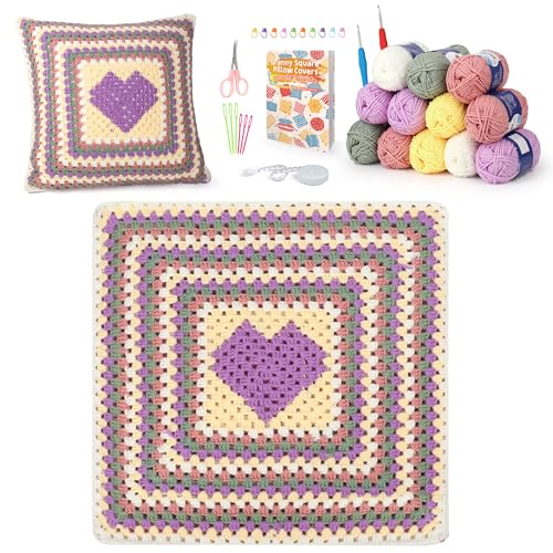 Katech Crochet Kit for Beginners Adults w/Step-by-Step Instructions Crochet Starter Kit, Beginner Crochet Kit for Kids Learn to Crocheting Heart Granny Square Pillowcase w/ 920yds Granny Square Yarn