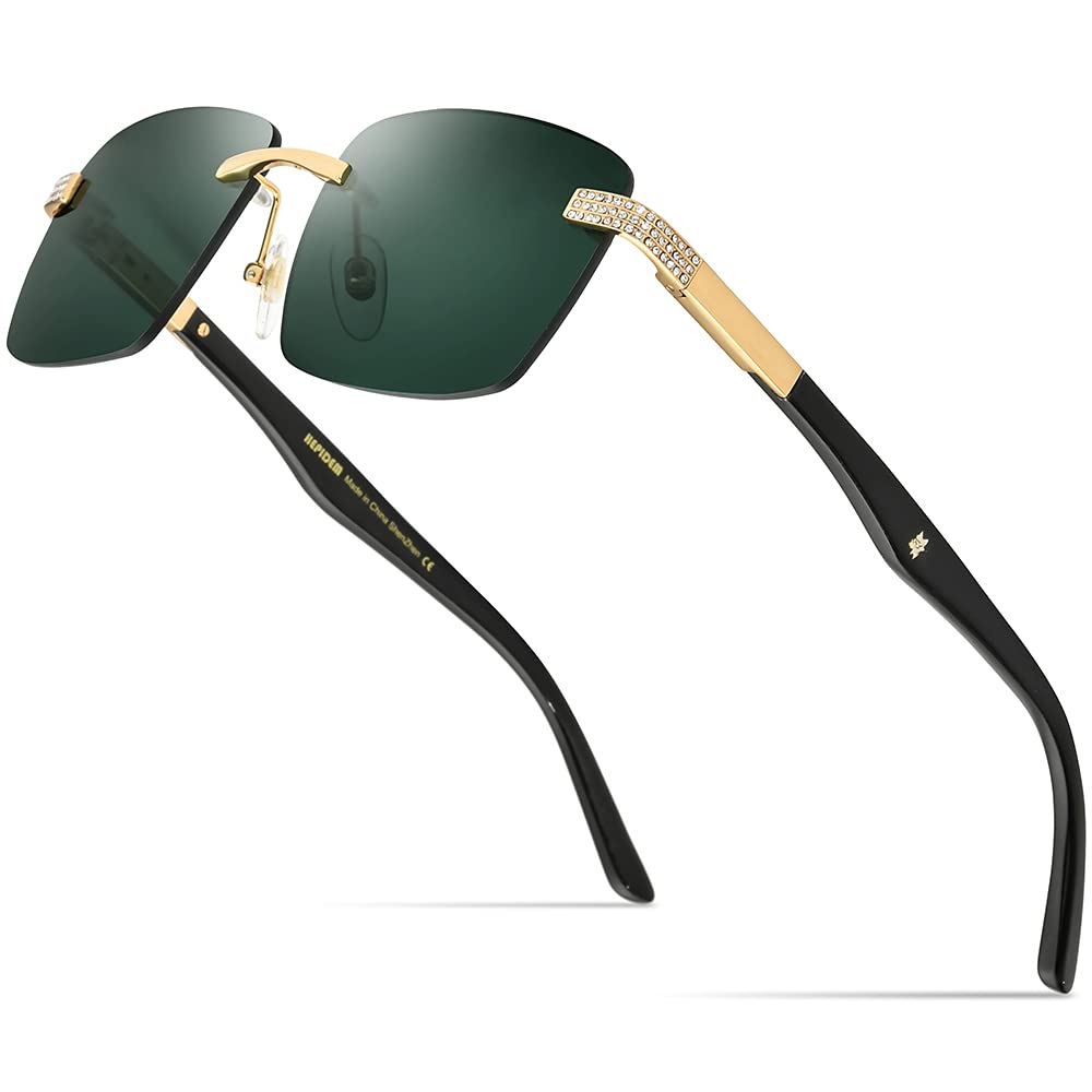 Photo 1 of HEPIDEM 100% Really Buffalo Horn Handmade Sun Glasses,Square Rimless Luxury Buffs Sunglasses With Diamonds (0028 Black Frame Dark Green Lens)