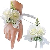 OUKEYI 2PCS Rose Flower Wrist Corsage Boutonniere Set,Boutonniere for Men Wedding White Rose Corsage Wristlet for Women Bride Bridesmaid Wrist Corsagefor Wedding Party Prom Decorations (White)
