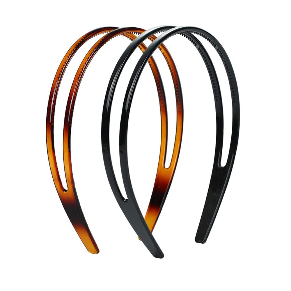 Nifocc Hard Plastic Headband Double Row Hair Hoops with Teeth Plain Headbands for Women Ladies Girls - 2 Pcs Tortoiseshell Black