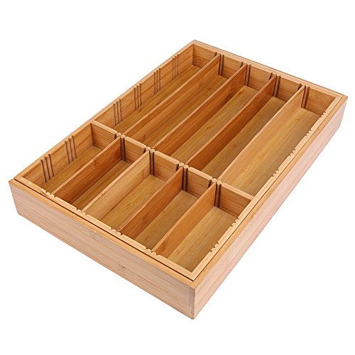 ISINO Extra Deep Wooden or Stainless Utensil Divider Tray , Non-slip Utensil Organizer , Large Utensil Holder with 10-11 Slots , Size (11.4"-20")L x 17.5"W x 2.5"H