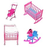 MonkeyJack Pink Baby Cot Bed + Rocking Bed + Baby Stroller + Rocking Horse Nursery Room Accessory for 10cm/3.94inch Dolls
