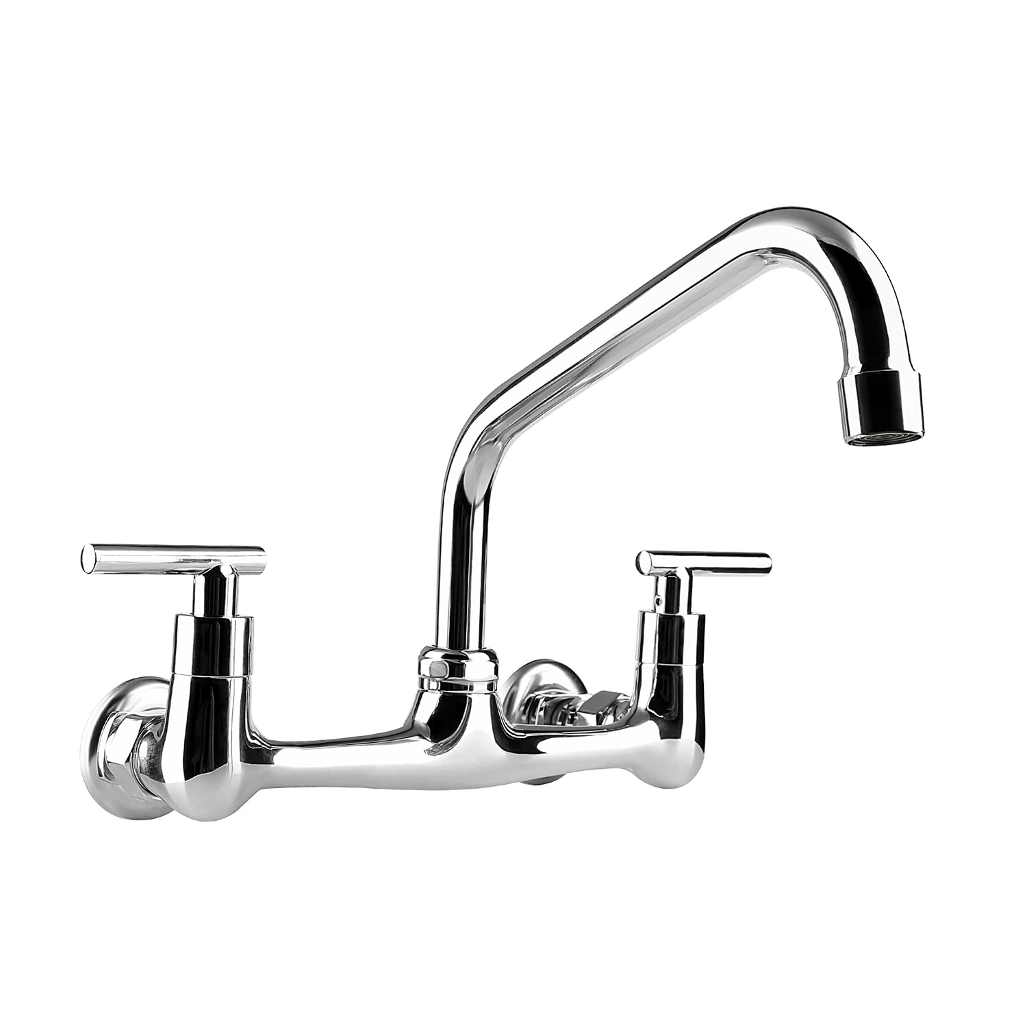 Photo 1 of KWODE 2-Handle Commercial Sink Faucet 8 inch Center Wall Mount Kitchen Faucet with 8" Swivel Spout for Home Restaurant Kitchens Brass Constructed Chrome Finish