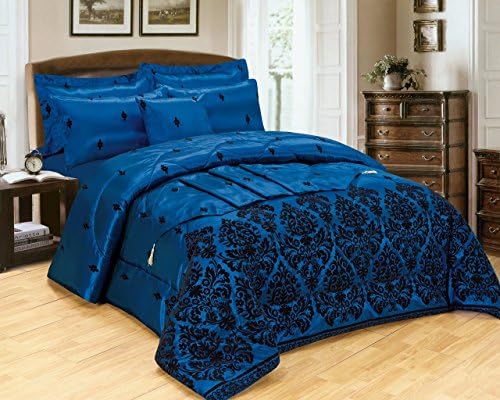 A Modern Super Convenient 5 Pieces Bed In A Bag Flocking Complete Bed Set- 1 Duvet Cover, 1 Cushion Cover , 1 Bed Runner & 2 Pillow Cases (Double 200 x 200 , Navy Blue)