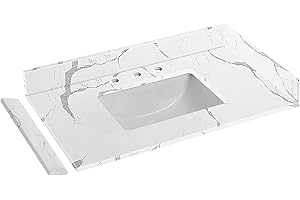EQLOO 36 in.W x 22 in.D Quartz Calacatta River Vanity Top,with Undermount Middle Sink Vanity Top,with Two Sidesplash & One Backsplash,8 Inch Faucet Hole Spread Bathroom Vanity Sink Countertop