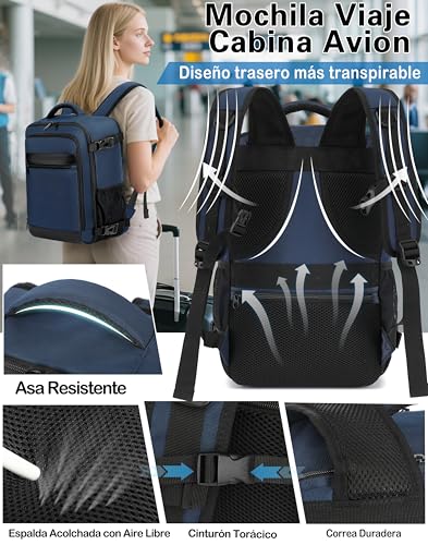 KLOSTAIN Mochila 40x30x20 Viaje Cabina Avión Equipaje de Mano 24L para Ryanair EasyJet Eurowings, Capacidad para Portátil 15,6 Pulgadas, Hombre Mujer,Azul Oscuro