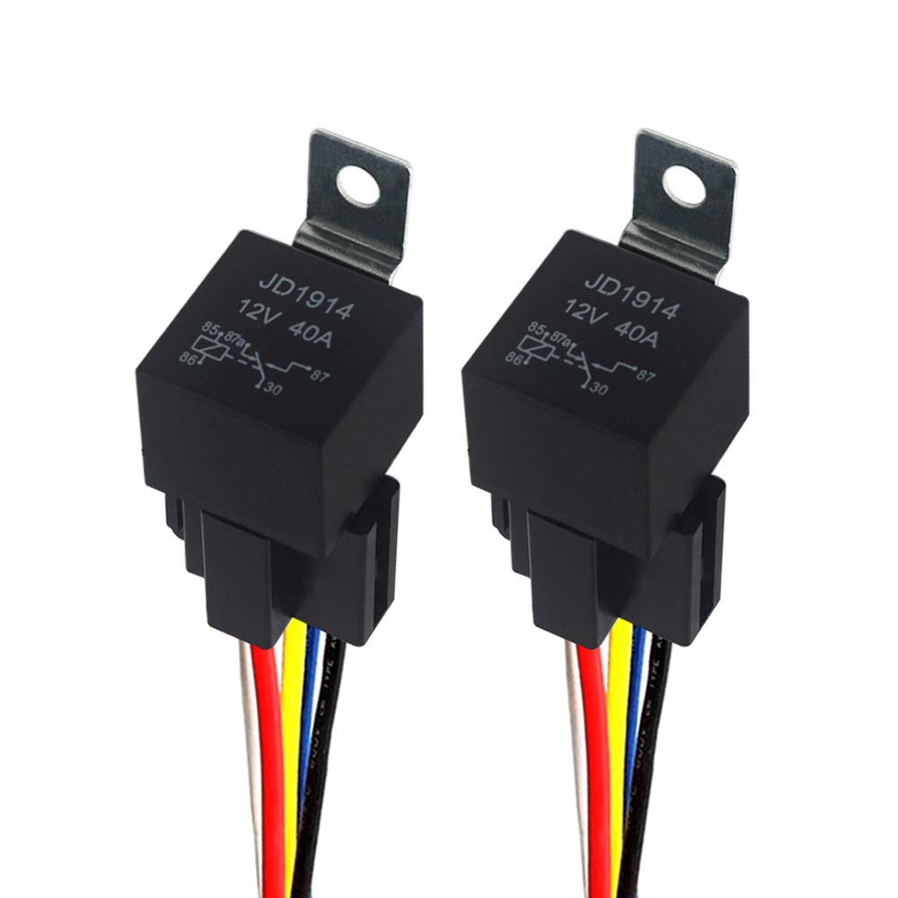 QitinDasen 2 Pieces 5 Pin Car Relay, 12V 40A SPDT Automotive Relay with Harness Socket and 14/16 AWG Pre-Wired, for Car Truck Boat (Black)