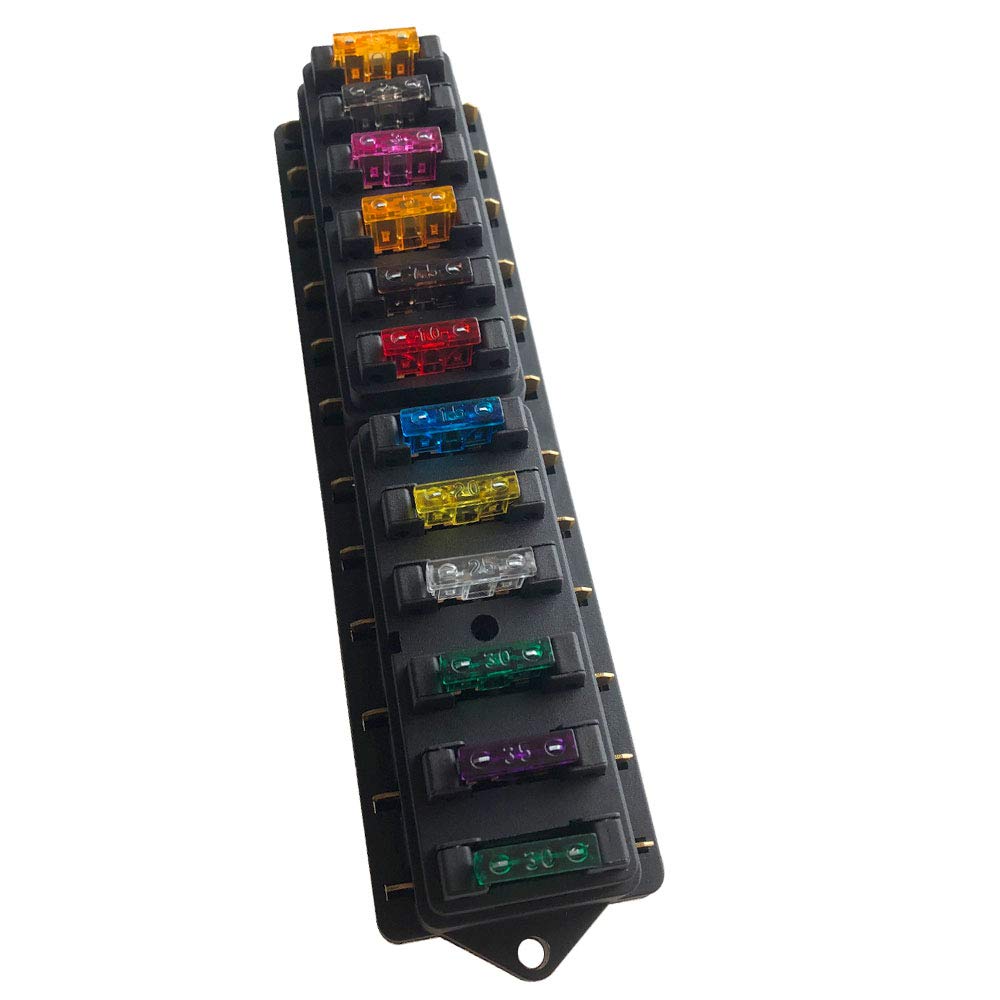 QitinDasen Premium 12 Way Car Fuse Block Box, Universal Standard Blade Holder With Damp-Proof Cover and 10Pcs Free Fuses, for Car Boat Marine Trike (12V / 24V)