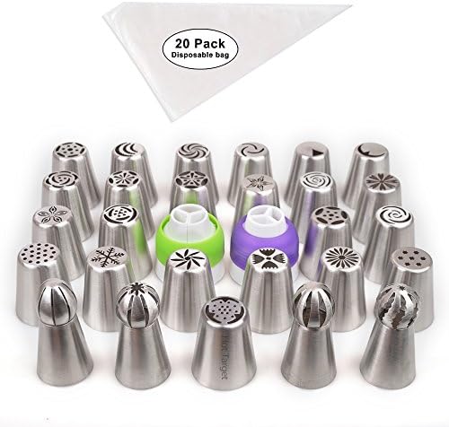 Russian Piping Tips Extra Large 49 Piece Set - 27 Russian Nozzles (Includes 4 Sphere Ball Tips!!) + 20 Disposable Bags &amp; 2 Couplers (Large variety of Different Shapes).