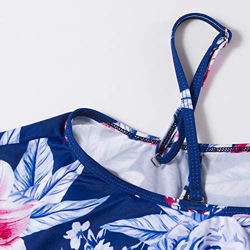 Maternity Bikinis Tankini Floral Flouncing Swimsuit One Piece Beachwear Blue with White Flower L - Thumbnail 4