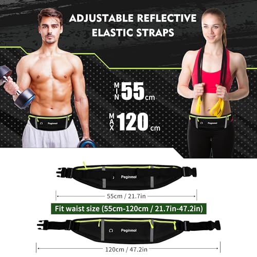 PEGINMOL Running Belt for Mobile Phone, Running Bag Jogging Waterproof Runner Waist Bag for Men and Women with 3 Pockets, Large Capacity Sports Belt, Adjustable Running Belt for Running (Black + Green)