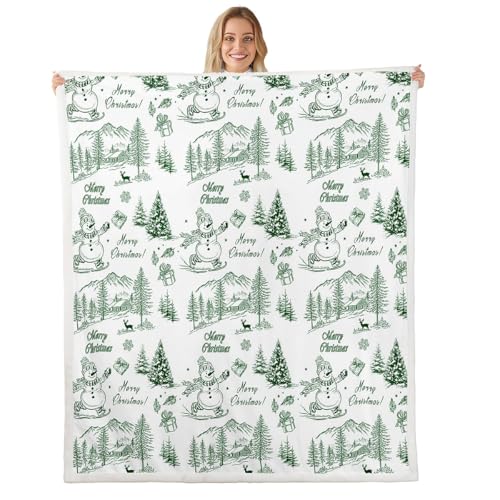 Homewish Couverture de Noël 150x200 Chambre à coucher Décor Vert Sapin de Noël Bonhomme de neige Couverture en polaire pour Enfants Adultes, Couverture douce Thème de vacances Moderne Hiver Village de