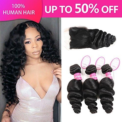 YHL Hair Brazilian Loose Wave 3 Bundles With Closure Free Part Unprocessed Virgin Human Hair Bundles With 4x4 Lace Closure Natural Color (12 14 16 with 12)