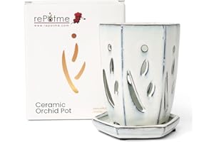 rePotme 4 x 6 inch Ceramic Orchid Pot (White Diamond) - Hexagon Orchid Pot with Holes