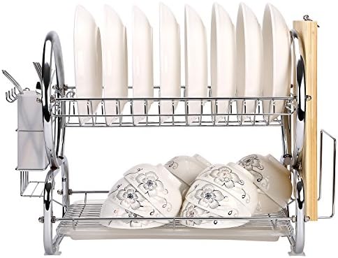 Corodo Dish Rack with DrainBoard, 2-Tier Chrome Plating Iron Dish Drying Rack with Forks or Knives and Cutting Board Holder