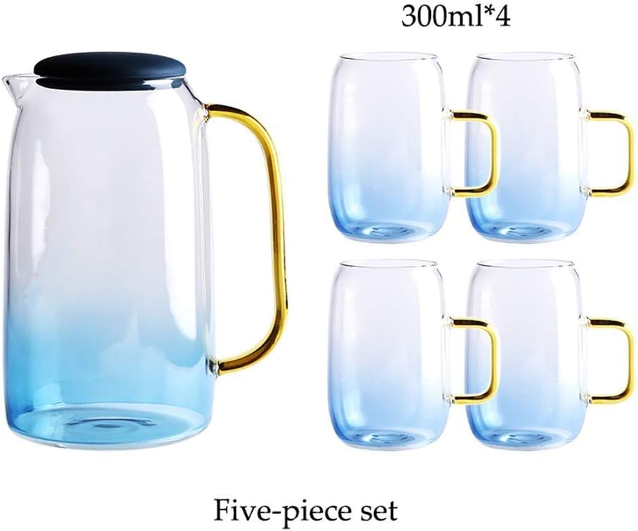 GSAGJsh Gradient Glass Teapot Tea Set with 4 Small Glass Tea Cups - Ice-cold Juice Bottle - Heat-resistant Glass Jug (Size : Five-piece)