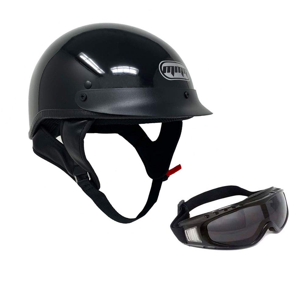 MMG Half Open Face Helmet Motorcycle Cruiser Classic DOT - Goggles Included. (Glossy Black, L)