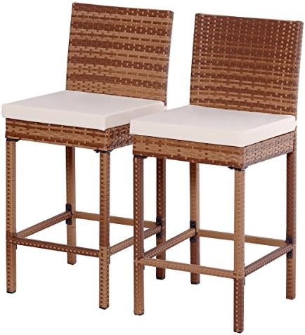 New Set Of 2 Patio Rattan Bar Stool Chair Steel Frame Wicker Barstool W/Cushions