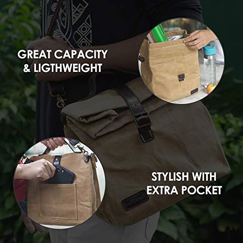 Insulated Waxed Canvas Lunch Bag, Adjustable Shoulder Strap and Handle, Water Resistant (Brown