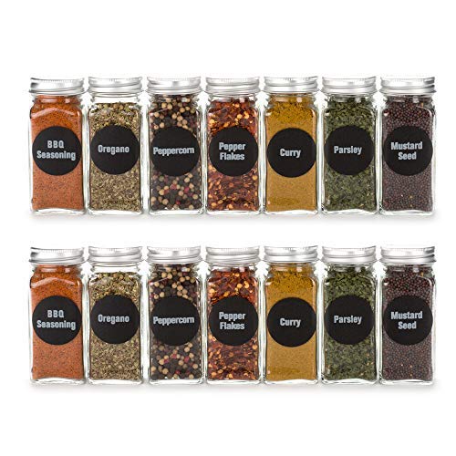 4oz, BEST VALUE 14 Glass Spice Jars includes preprinted 113 CLEAR PVC labels & round 126