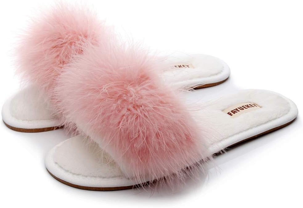FAYUEKEY Real Fur Slippers for Women Summer Autumn Fluffy Furry Soft Plush Open Toe Slides Flats Shoes
