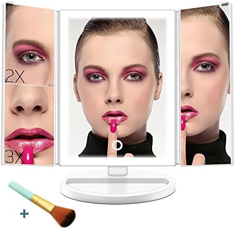 Mckbane Trifold Lighted Vanity Makeup Mirror, 3X/2X/1X Magnification Mirror with 4 Sides 38 Led Lights Touch Screen 180°Adjustable Rotation Dual Power Supply Countertop Mirror