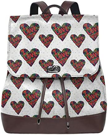 Women's Leather Backpack,Abstract Heart with Valentines Day Text and Vibrant Color Dots Artistic Pattern,School Travel Girls Ladies Rucksack