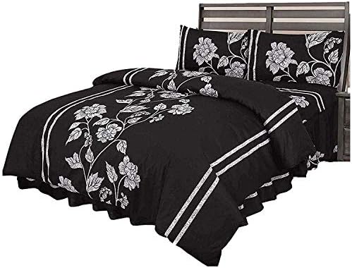 King Margret Black 4 Piece Cotton Blend Floral Print Duvet Cover Set With Fitted Sheet & Pillowcases - 4 Size