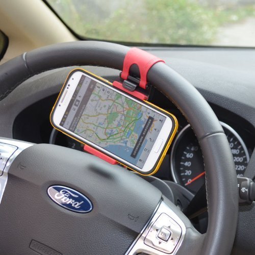 Vanki Cell Phone Holder Mount Clip Buckle Socket Hands Free on Car Steering Wheel - Better View to Your iPhone 6 5S 5G 4 4S, HTC one, Samsung Galaxy S5 S4, Google Nexus 5 and Smart Cellphones (Red)