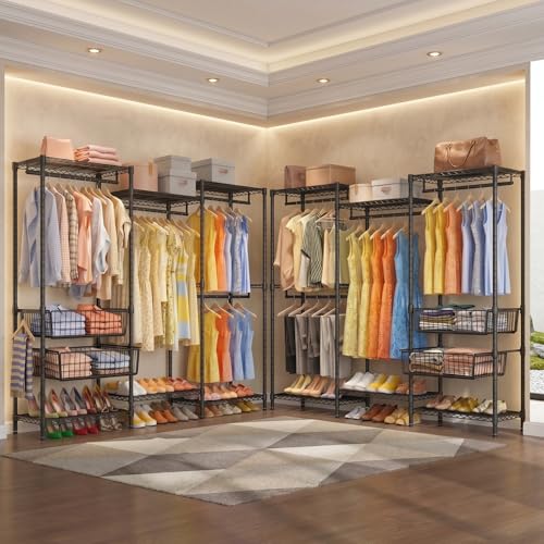 Perchero de Metal para Ropa con 2 Cestas Almacenamiento Deslizantes, Closet Armables de Ropa Multifunción, Perchero de Pie Carga de 400KG, 174 * 43.5 * 195cm, Negro